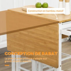 HOMCOM Ensemble Table De Bar Pliable Sur Roulettes Avec 2 Tiroirs - 2 Tabourets Inclus - Bois Bambou Verni Et Blanc -Homcomes Boutique 80247622 4