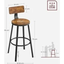 Songmics VASAGLE Lot De 4, Chaises De Bar, Tabourets Hauts, Avec Dossier, Siège De Cuisine, Cadre En Acier, Montage Facile, Siège De 73,2 Cm De Haut, Style Industriel, Marron Rustique Et Noir -Homcomes Boutique 80864708 5
