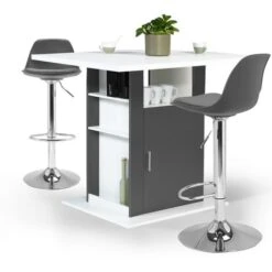 Ensemble îlot Central UGO 110 Cm Bois Blanc Et Gris Et 2 Tabourets KARL Gris
