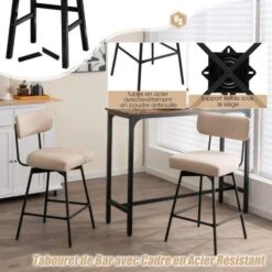 COSTWAY Tabourets De Bar Pivotantes Lot De 2/Chaises Bar Avec Siège Rembourrée 63 Cm De Haut Et Repose-Pieds-Cadre En Acier Pour îlot De Cuisine Bar Comptoir-45x 45 X 91 Cm-Beige -Homcomes Boutique 82982056 3