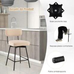 COSTWAY Tabourets De Bar Pivotantes Lot De 2/Chaises Bar Avec Siège Rembourrée 63 Cm De Haut Et Repose-Pieds-Cadre En Acier Pour îlot De Cuisine Bar Comptoir-45x 45 X 91 Cm-Beige -Homcomes Boutique 82982056 4