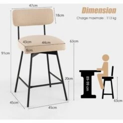 COSTWAY Tabourets De Bar Pivotantes Lot De 2/Chaises Bar Avec Siège Rembourrée 63 Cm De Haut Et Repose-Pieds-Cadre En Acier Pour îlot De Cuisine Bar Comptoir-45x 45 X 91 Cm-Beige -Homcomes Boutique 82982056 5