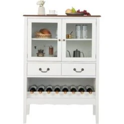 COSTWAY Buffet De Cuisine à 2 Portes Vitrées Avec 2 Tiroirs Porte-Bouteilles, Meuble De Rangement Étagère Réglable Dispositif Anti-basculement Pour Salon, Entrée, Cuisine, 90x40x126,5cm (Blanc)