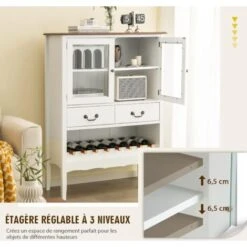 COSTWAY Buffet De Cuisine à 2 Portes Vitrées Avec 2 Tiroirs Porte-Bouteilles, Meuble De Rangement Étagère Réglable Dispositif Anti-basculement Pour Salon, Entrée, Cuisine, 90x40x126,5cm (Blanc) -Homcomes Boutique 85548529 3