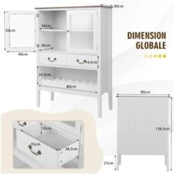 COSTWAY Buffet De Cuisine à 2 Portes Vitrées Avec 2 Tiroirs Porte-Bouteilles, Meuble De Rangement Étagère Réglable Dispositif Anti-basculement Pour Salon, Entrée, Cuisine, 90x40x126,5cm (Blanc) -Homcomes Boutique 85548529 5