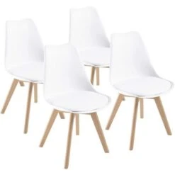 Chaises De Salle à Manger Scandinave DEWINNER, Chaise De Bureau Rétro, Assise Rembourrée En Hêtre Massif (Blanc, Lot De 4)