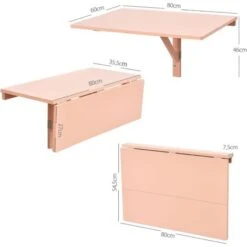 COSTWAY Table Murale Rabattable - Plataux Pliable 80×60 Cm (L X L)-Meuble Pour Etudiants, Appartements, Cuisine Rose -Homcomes Boutique 86980777 3