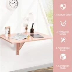 COSTWAY Table Murale Rabattable - Plataux Pliable 80×60 Cm (L X L)-Meuble Pour Etudiants, Appartements, Cuisine Rose -Homcomes Boutique 86980777 5