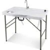 COSTWAY Table De Camping Pliante Avec 2 Éviers Robinet Rotatif à 360° Pour Nettoyage De Poisson En Acier&HDPE Charge 150KG Blanc -Homcomes Boutique 86980792 1