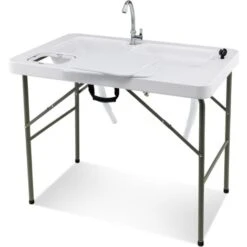 COSTWAY Table De Camping Pliante Avec 2 Éviers Robinet Rotatif à 360° Pour Nettoyage De Poisson En Acier&HDPE Charge 150KG Blanc