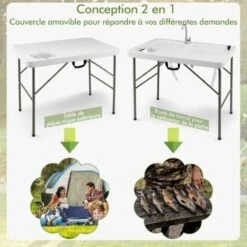 COSTWAY Table De Camping Pliante Avec 2 Éviers Robinet Rotatif à 360° Pour Nettoyage De Poisson En Acier&HDPE Charge 150KG Blanc -Homcomes Boutique 86980792 3