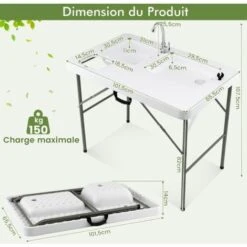 COSTWAY Table De Camping Pliante Avec 2 Éviers Robinet Rotatif à 360° Pour Nettoyage De Poisson En Acier&HDPE Charge 150KG Blanc -Homcomes Boutique 86980792 5