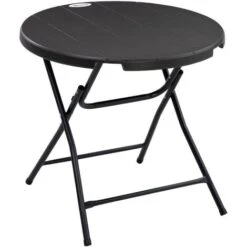 OUTSUNNY Table De Jardin Pliable 4 Personnes Table Ronde Pliante Ø 80 Cm Acier époxy Plateau HDPE Aspect Bois Gris