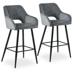 Lot De 2 Tabourets De Bar En Velours Avec Siège Rembourré Doux, Accoudoir, Dossier Ouvert Et Base En Métal, Chaise Haute, Gris