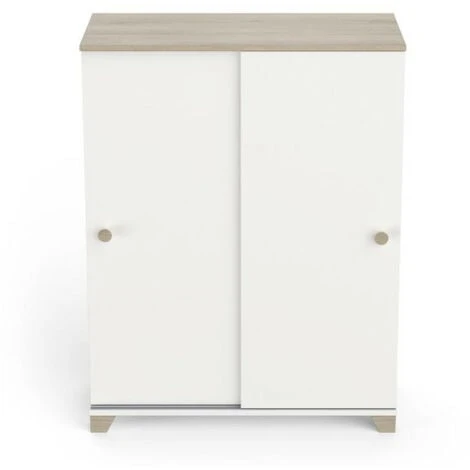 Buffet 2 Portes Coulissantes Blanc Mat/Chêne Clair - ZILY - L 80 X L 35 X H 101 Cm 3 Buffet 2 Portes Coulissantes Blanc Mat/Chêne Clair - ZILY - L 80 X L 35 X H 101 Cm
