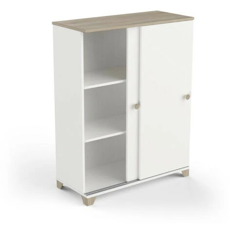 Buffet 2 Portes Coulissantes Blanc Mat/Chêne Clair - ZILY - L 80 X L 35 X H 101 Cm 4 Buffet 2 Portes Coulissantes Blanc Mat/Chêne Clair - ZILY - L 80 X L 35 X H 101 Cm – Image 2