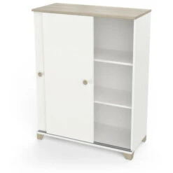 Buffet 2 Portes Coulissantes Blanc Mat/Chêne Clair - ZILY - L 80 X L 35 X H 101 Cm 9 Buffet 2 Portes Coulissantes Blanc Mat/Chêne Clair - ZILY - L 80 X L 35 X H 101 Cm -Homcomes Boutique 93975740 3
