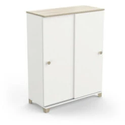 Buffet 2 Portes Coulissantes Blanc Mat/Chêne Clair - ZILY - L 80 X L 35 X H 101 Cm 11 Buffet 2 Portes Coulissantes Blanc Mat/Chêne Clair - ZILY - L 80 X L 35 X H 101 Cm -Homcomes Boutique 93975740 5
