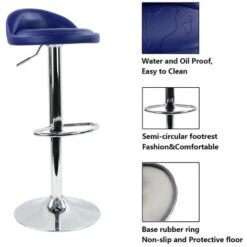 Tabouret De Bar, Réglable En Hauteur & Rotatif Tabouret De Travail En Cuir Synthétique Bleu -Homcomes Boutique 94036286 3