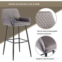 Table De Bar Design Scandinave, Lot De 4 Chaises De Bar Avec Dossier, Accoudoirs Et Repose-pieds, Velours Gris -Homcomes Boutique 95961322 3