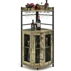 COSTWAY Buffet Cuisine Industriel, Armoire Cuisine Avec Étagère D’Angle Réglable Et Placard à Porte En Maille Métallique, Porte-Verres, Kit Anti-basculement Inclu, 48x48x130 CM