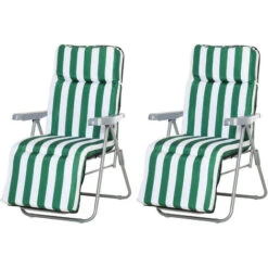 OUTSUNNY Lot De 2 Chaise Longue Bain De Soleil Adjustable Pliable Transat Lit De Jardin En Acier Vert + Blanc