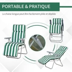 OUTSUNNY Lot De 2 Chaise Longue Bain De Soleil Adjustable Pliable Transat Lit De Jardin En Acier Vert + Blanc -Homcomes Boutique 986508 4