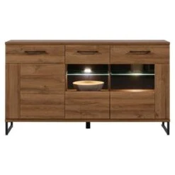 Buffet 3 Portes Chêne Foncé à LEDs - VARSOVIE - L 150.5 X L 40 X H 84.5 Cm