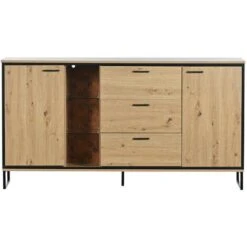Buffet Avec éclairage LED 160 X 40 X 85 Cm, 2 Portes 3 Tiroirs 7 Compartiments, Coloris Bois Naturel, Meuble De Rangement Moderne -Homcomes Boutique 99694317 4